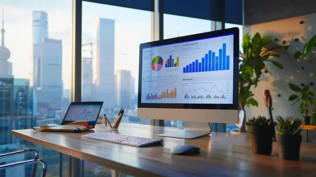 a professional office setting features a sleek computer screen displaying vibrant graphs and analytics of google ads performance, surrounded by a modern desk and city skyline visible through large windows.