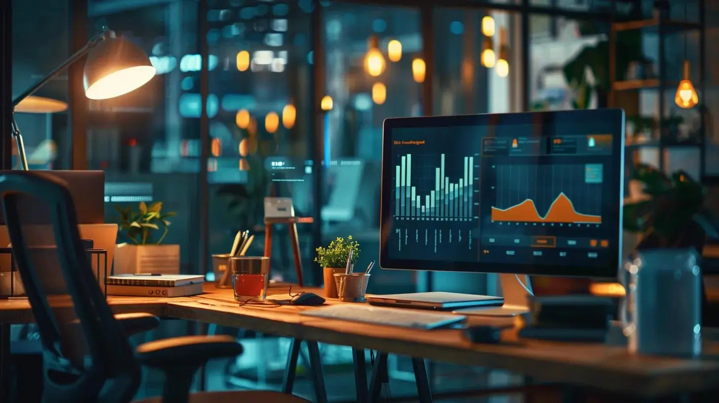 a sleek and modern office workspace is illuminated by warm, ambient lighting, featuring a large digital screen displaying dynamic graphs and statistics illustrating click-through rates and engagement metrics, emphasising the interplay of ad performance indicators.