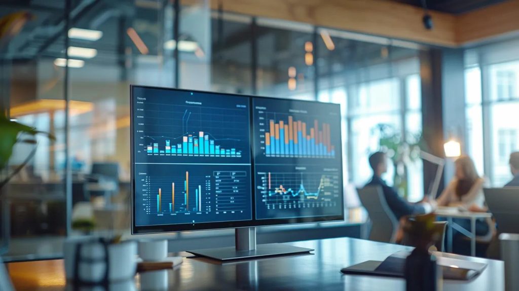 a sleek, modern office workspace features a large screen displaying dynamic graphs and analytics, illustrating campaign performance metrics like click-through rates and conversion actions amidst a backdrop of focused professionals engaged in strategy discussions.