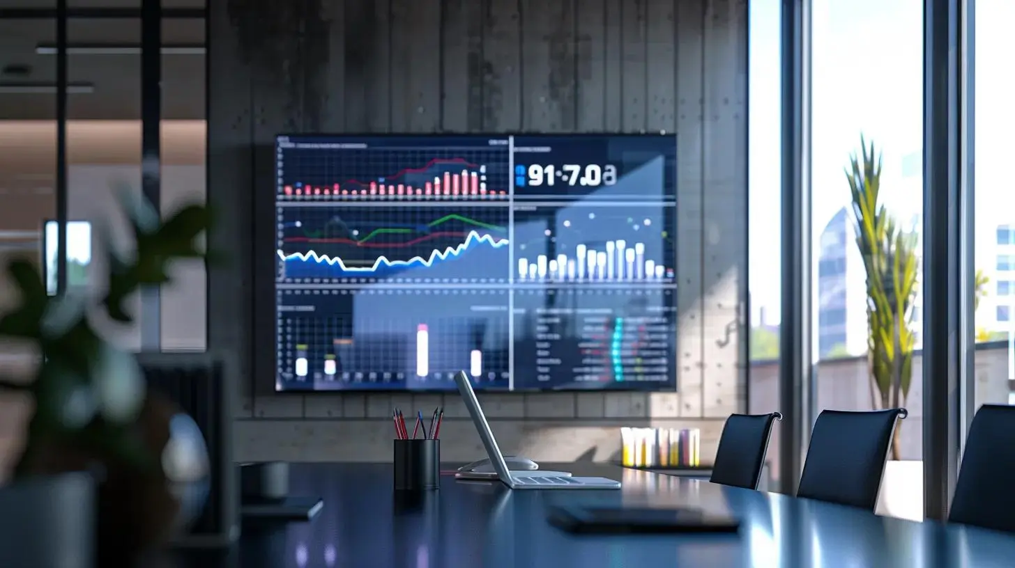 a sleek, modern office workspace features a digital display showcasing dynamic graphs and metrics, highlighting the analysis of cost metrics and ad spend efficiency in a clear, visually engaging manner.