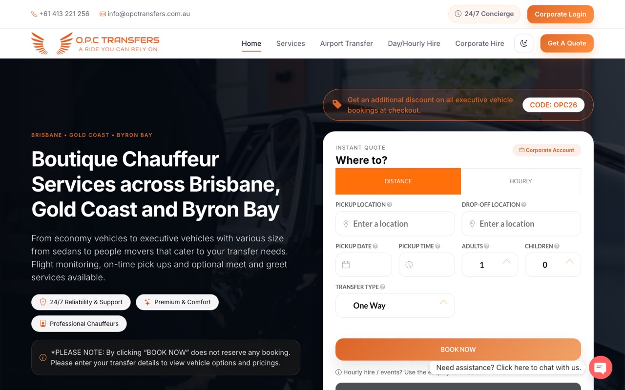 The OPC Transfers chauffeur booking website built by DMKT Performance